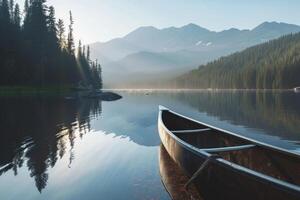 AI generated canoe in calm lake with mountains in reflection photo