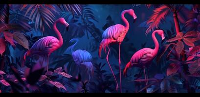 AI generated colorful tropical background with neon flamingos photo