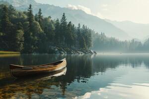 ai generado canoa en calma lago con montañas en reflexión foto