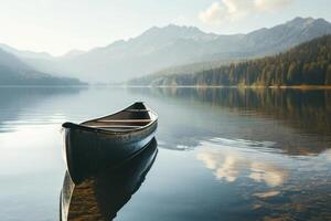 AI generated canoe in calm lake with mountains in reflection photo