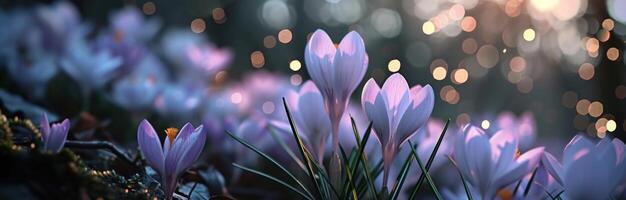 AI generated crocus flowers are blooming to the ground photo