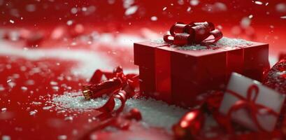 AI generated christmas present box flying in the red air christmas present photo