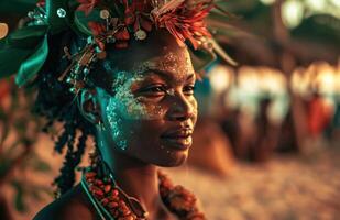 ai generado carnaval bailarín a un carnaval en un tropical playa foto