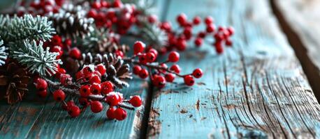 AI generated christmas border with red berries on wooden background photo