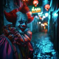 AI generated clown from the carnival at night photo