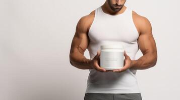 ai generado muscular hombre participación un tarro de proteína en un blanco antecedentes. foto