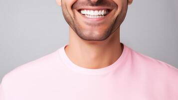 AI generated Cropped image of smiling man showing teeth in pink t-shirt isolated on grey background photo