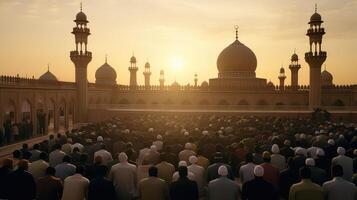 AI generated Muslims mans praying in mosque back view photo