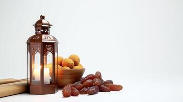 AI generated Ramadan Kareem, Ramadan lantern with dates and nuts on white background photo