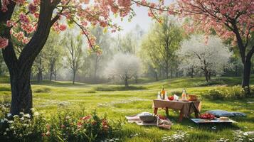 AI generated springtime picnic surrounded by blossoming trees and colorful flowers photo