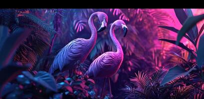 AI generated colorful tropical background with neon flamingos photo