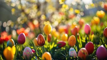 ai generado Pascua de Resurrección con un explosión de floreciente flores complementado foto
