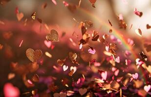 AI generated confetti pink hearts flying over a rainbow illuminating light photo