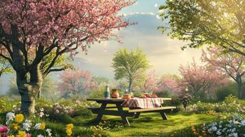 AI generated springtime picnic surrounded by blossoming trees and colorful flowers photo