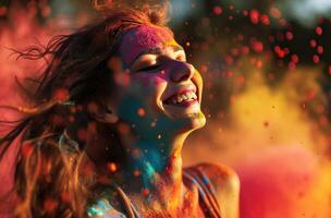 AI generated colorful powder falling on a smiling woman photo