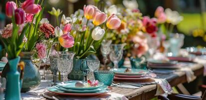 AI generated easter table setting with pink and white tulips photo