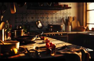 ai generado acogedor cocina en un casa fuera de el ciudad mientras Cocinando foto