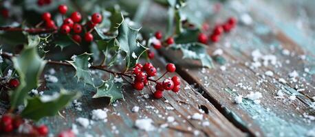 AI generated colorful holly berries and winter snow on the wood background photo