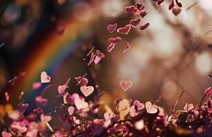 AI generated confetti pink hearts flying over a rainbow illuminating light photo