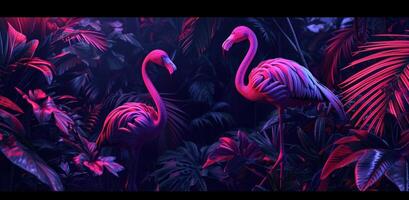 AI generated colorful tropical background with neon flamingos photo