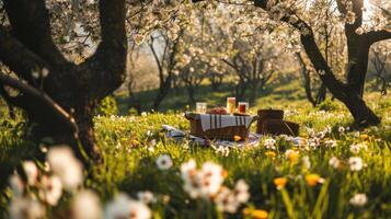 AI generated springtime picnic surrounded by blossoming trees and colorful flowers photo