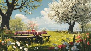 AI generated springtime picnic surrounded by blossoming trees and colorful flowers photo