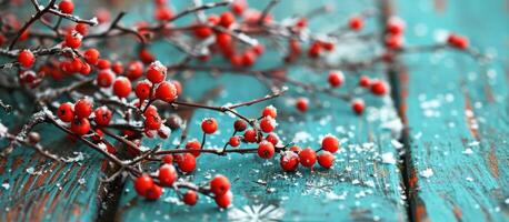 AI generated red holly berries against a wooden backdrop with snow photo