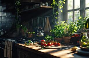 AI generated cozy kitchen in a house outside the city while cooking photo