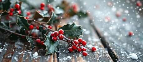 AI generated colorful holly berries and winter snow on the wood background photo