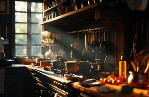 ai generado acogedor cocina en un casa fuera de el ciudad mientras Cocinando foto