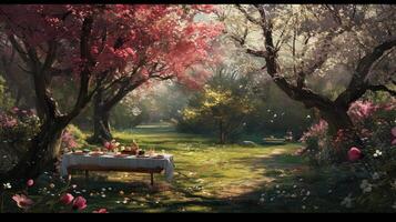 AI generated springtime picnic surrounded by blossoming trees and colorful flowers photo