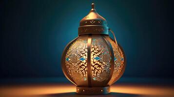 AI generated Ramadan Kareem lantern on wooden table in dark room photo