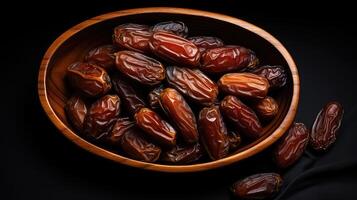 AI generated Dried dates in a bowl on a black background, top view photo