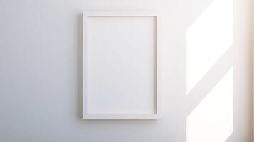 ai generado blanco blanco póster marco colgando en el pared. burlarse de arriba foto