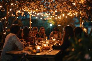 AI generated people are at a dinner under string lights photo
