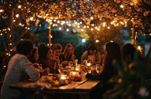 ai generado personas son a un cena debajo cuerda luces foto