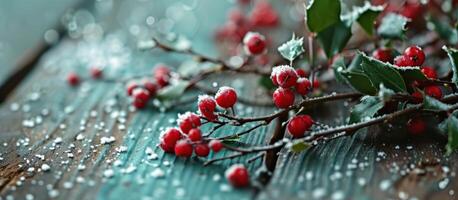 ai generado rojo acebo bayas en contra un de madera fondo con nieve foto