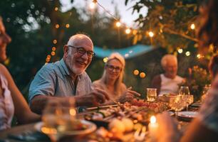 ai generado padre celebrando parrilla fiesta con familia foto