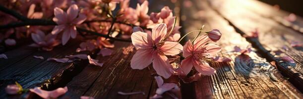 AI generated flowers background in pink on wooden table on a dark background photo