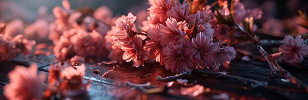 AI generated flowers background in pink on wooden table on a dark background photo