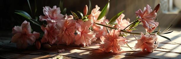 ai generado flores antecedentes en rosado en de madera mesa en un oscuro antecedentes foto