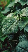 AI generated kiwi leaves covered in water and water droplets photo