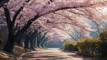 AI generated peaceful stroll beneath a canopy of blooming cherry blossoms photo