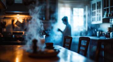 AI generated kitchen still life, blurred, dreamlike atmosphere photo