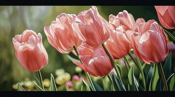 AI generated pink tulips against pink background copy space for text photo