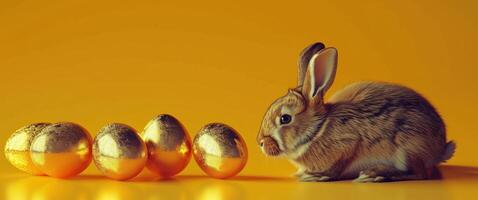 ai generado conejos detrás dorado huevos en frente de un naranja antecedentes foto