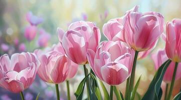 AI generated pink tulips against pink background copy space for text photo