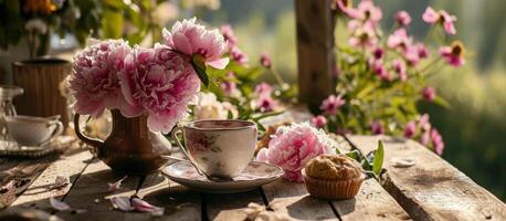 ai generado rosado peonías y verde vides en un mesa con un café taza y un pan foto