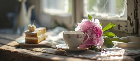 ai generado té taza, pastel, y un rosado peonía foto