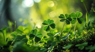 AI generated clover leaves with a beautiful green background photo